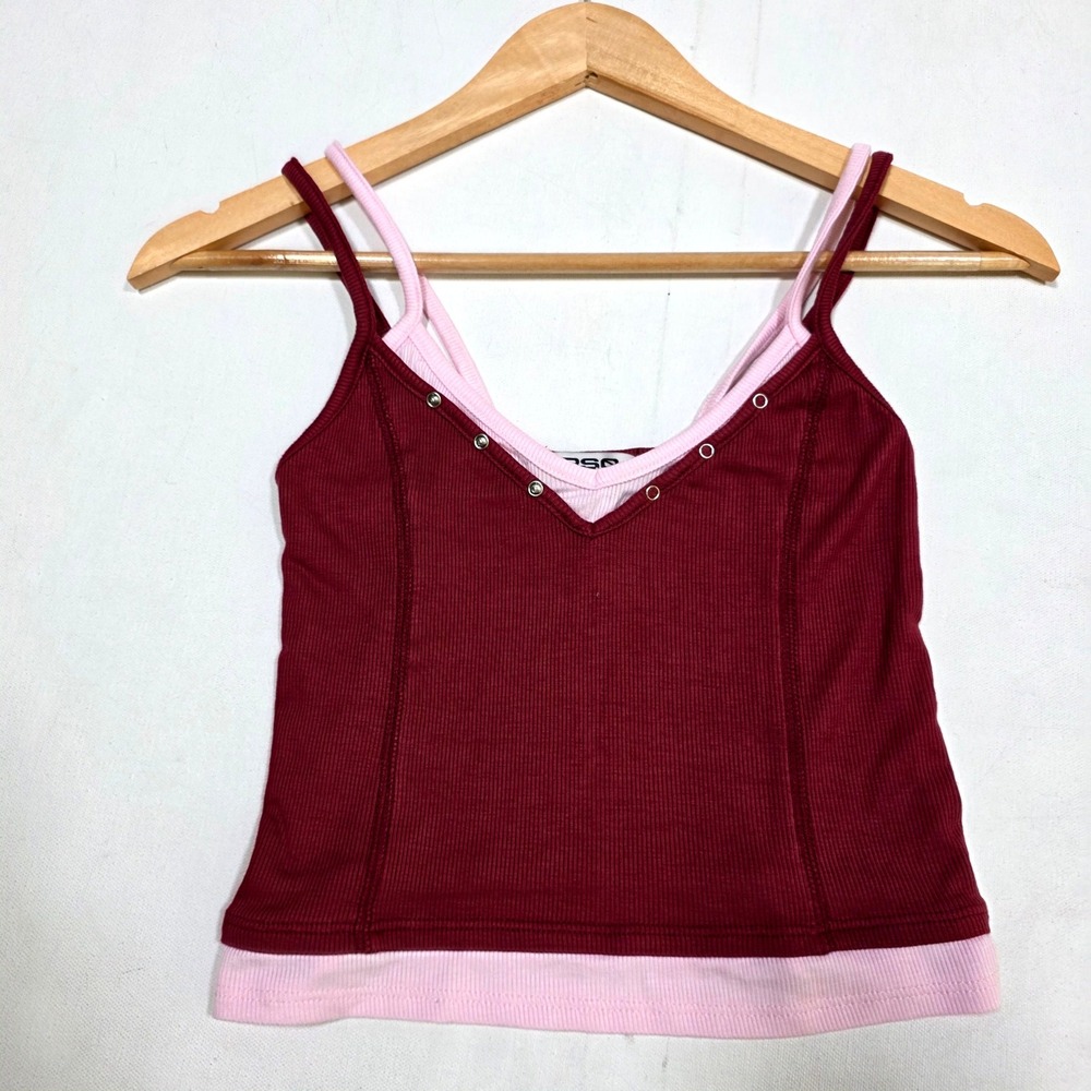 RSQ Cami Tank Top Womens Small Burgundy Pink Layered Ribbed Grommet Y2K Grunge